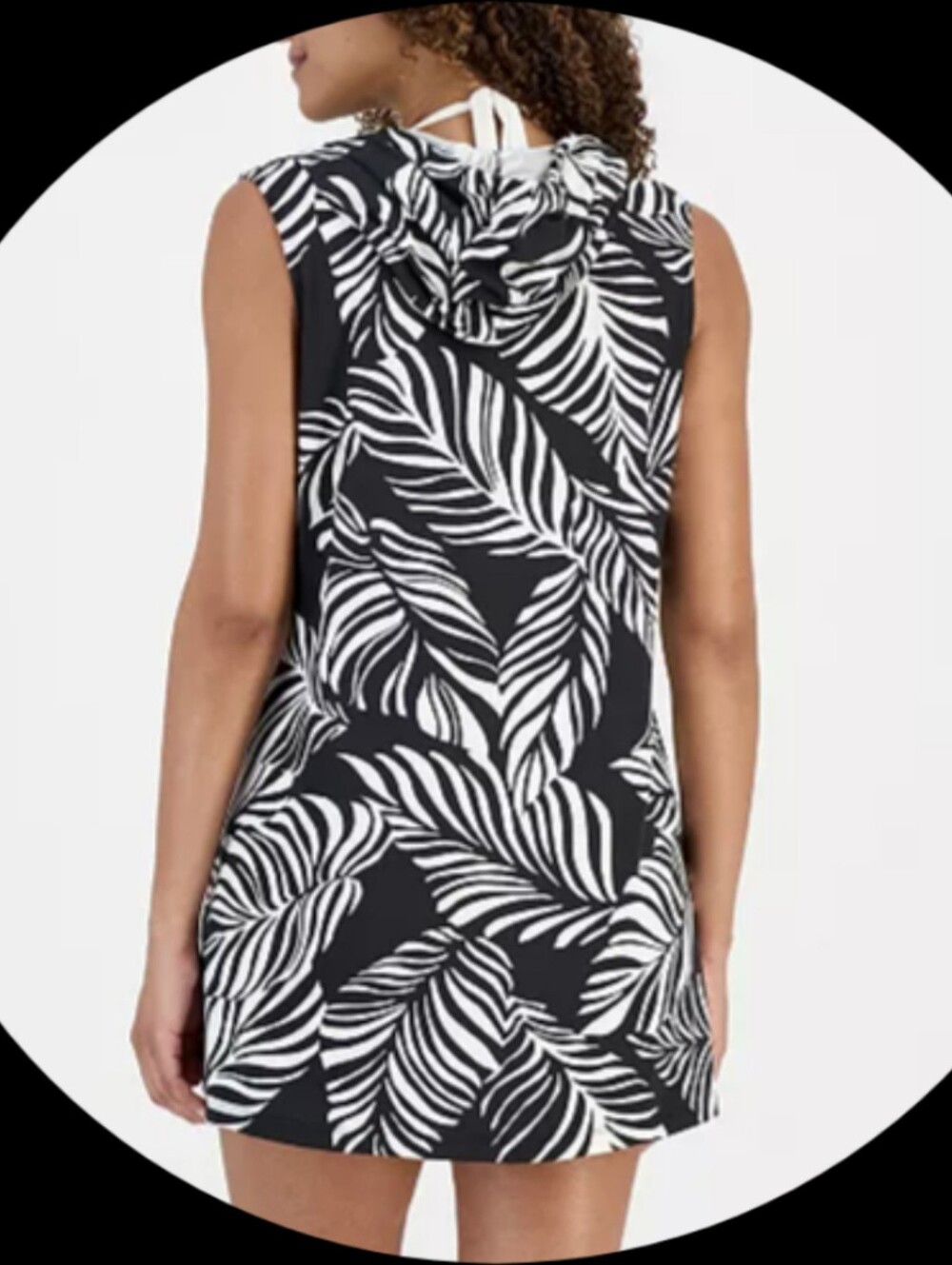 Black & White Leaf Print Hooded, Zip-Front Cover-up